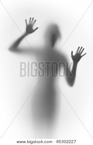 Shouting scary face and body silhouette behind a glass surface
