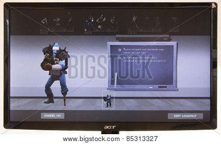 Depew, OK, USA - March 15, 2015: Blue Demo on class selection screen of Team Fortress 2, a team-based first-person shooter multiplayer video game by Valve Corporation, released on October 10, 2007.