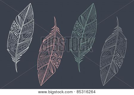 Collection Of Vintage Tribal Ethnic Hand Drawn Colorful Feathers