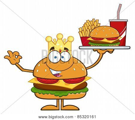 King Hamburger Cartoon Character Holding A Platter With Burger, French Fries And A Soda