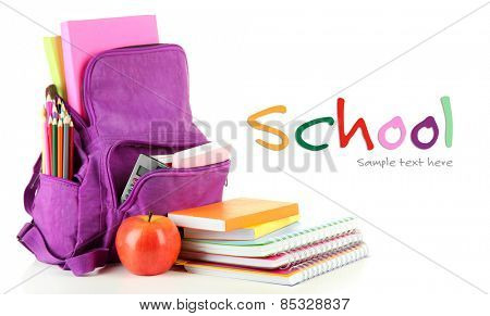 Purple backpack with school supplies isolated on white