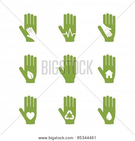 Caring hand logos set