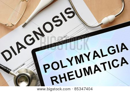 Tablet with diagnosis polymyalgia rheumatica and stethoscope.