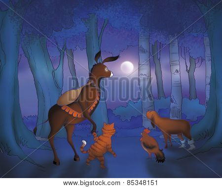 Donkey cat roster and dog by night