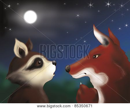 Raccoon and fox by night
