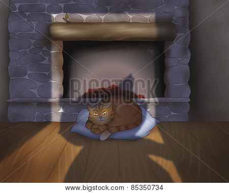 Cat sleeping near the fire place