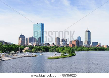 Boston back bay panorama with sailing boat and urban building city skyline in the morning. 