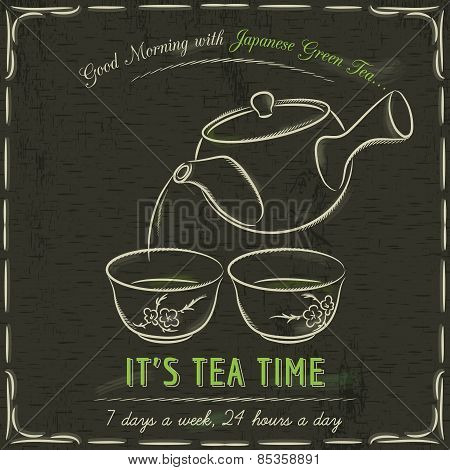 Brown Blackboard With  Two Cup Of Japanese Green Tea