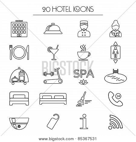 Set Of Icons Of Linear Hotel Service. Isolated. Vector