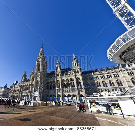 Ice Skaters At Wiener Eistraum In Font Of The City Hall Of Vienna