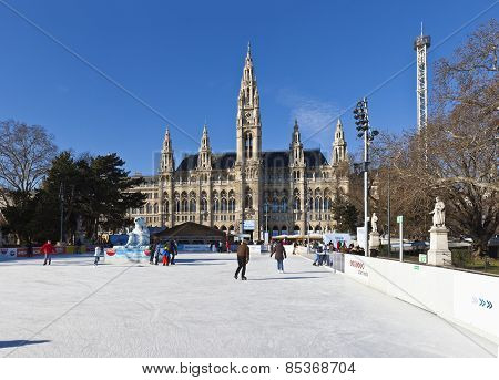 Ice Skaters At Wiener Eistraum In Font Of The City Hall Of Vienna