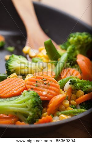 fresh vegetables on a frying pan, healthy breakfast