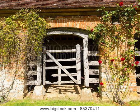 Very old wooden stable door hundreds of years old with red roses