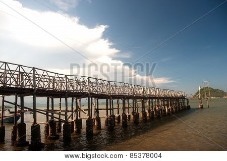 The Traditional Wooden Long Bridge Over The Sea,Thailand.