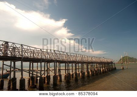 The Traditional Wooden Long Bridge Over The Sea,Thailand.