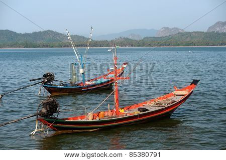 Traditional Fisherman Long Tailed Boat In Koh Phitak Island, Thailand.