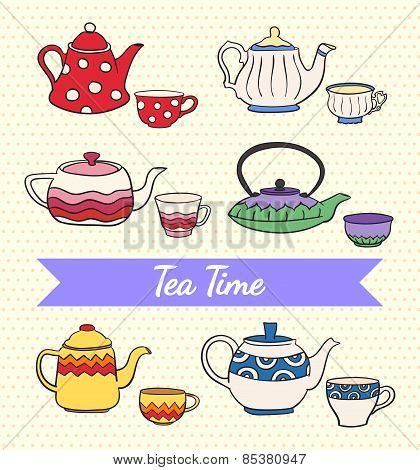 Vector set of cute colorful freehand teapots and cups