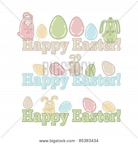 Words HAPPY EASTER! with cute easter eggs and bunnies