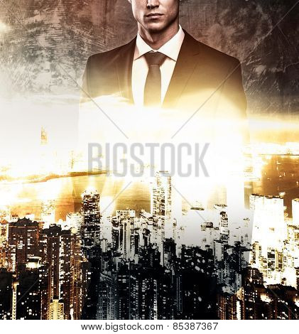 Mayor and modern megapolis double exposure 