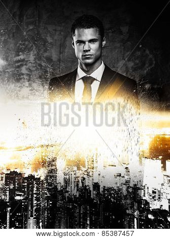 Mayor and modern megapolis double exposure 