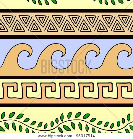 Greek Ornament Seamless Pattern With Leaves, Triangles And Waves