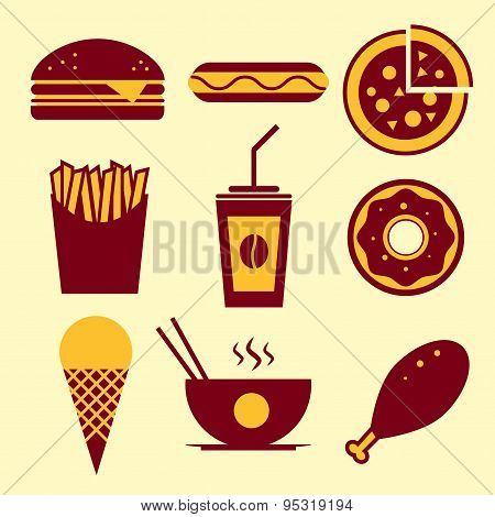 Fast food vector icon set. Burger, ice cream, coffee, chinese food
