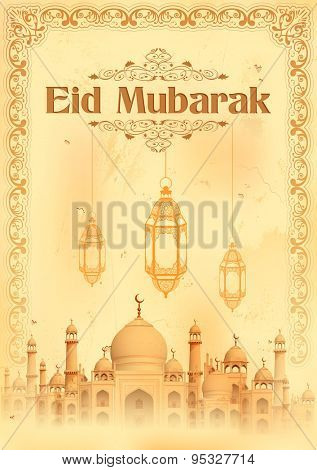 illustration of Eid Mubarak (Happy Eid) greeting with illuminated lamp