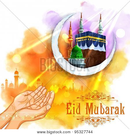 illustration of pair of hand praying for Eid in Eid Mubarak (Happy Eid) background with mosque