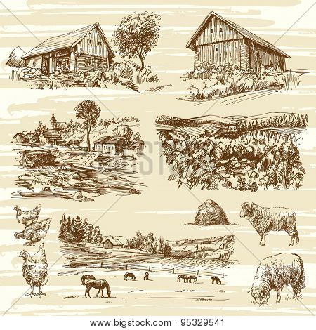rural landscape and houses - hand drawn collection
