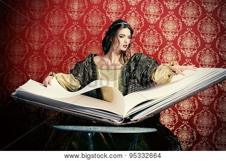 Fairy beautiful witch reads magic book of spells. Vintage style. Renaissance. Barocco. Halloween.