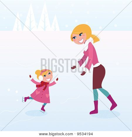 Noel buz pateni: anne ve kızı buz