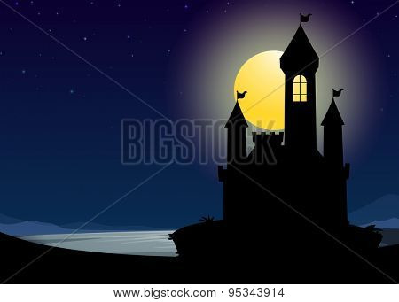 Silhouette castle on fullmoon night