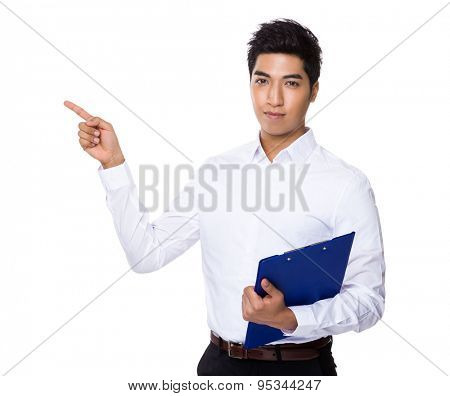 Businessman hodl with clipboard and finger point up