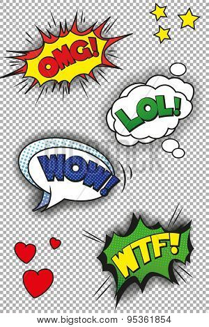 Popart speech bubbles with LOL, OMG, WOW and WTF. 