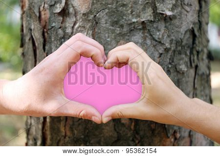 Close-up of human hands making heart shape in front of tree