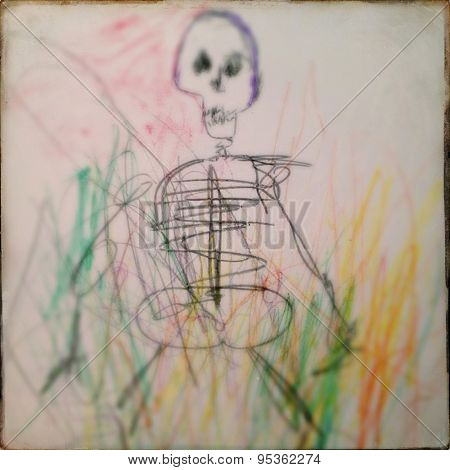 Instagram filtered image of a child like Halloween skeleton drawing