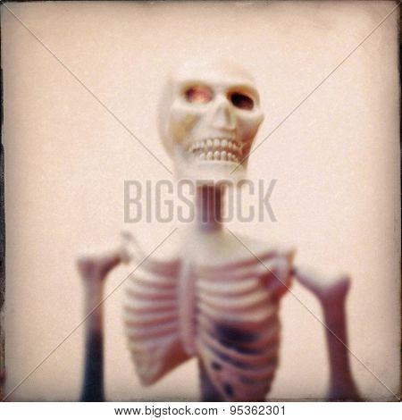 Instagram filtered image of a plastic Halloween skeleton