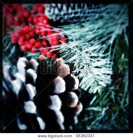 Instagram filtered image of pine and berry Christmas decor