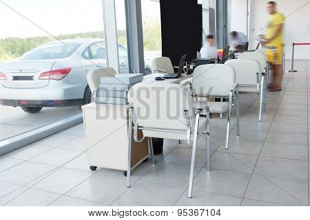 Serpuhov, Russia, June, 2015: Working place of managers in a dealer's car showroom in Serpuhov, Russia