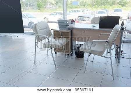 Serpuhov, Russia, June, 2015: Working place of managers in a dealer's car showroom in Serpuhov, Russia