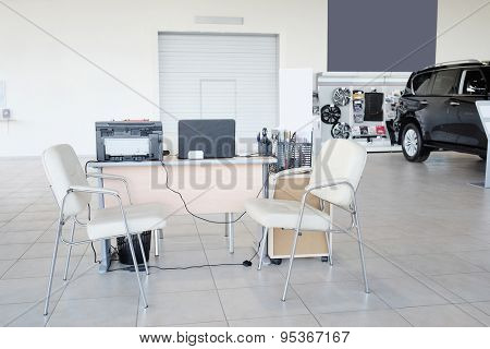 Serpuhov, Russia, June, 2015: Working place of managers in a dealer's car showroom in Serpuhov, Russia