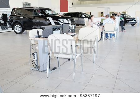 Serpuhov, Russia, June, 2015: Working place of managers in a dealer's car showroom in Serpuhov, Russia