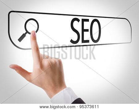 SEO written in search bar on virtual screen