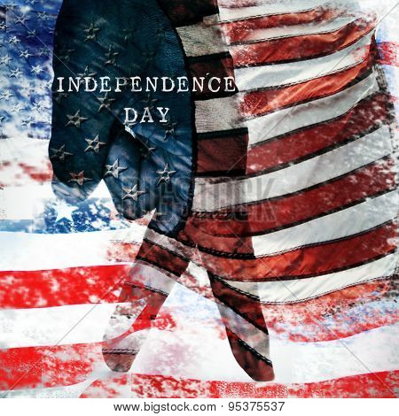 the text independence day on a background with a multiple exposures of different pictures of the flag of the United States of America in different patterns