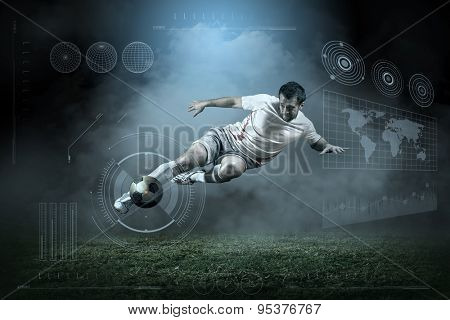 Soccer player with ball in action outdoors