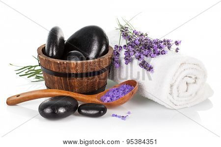 Spa still life with lavender saltl isolated on white background
