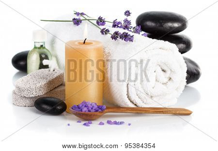 Spa still life with lavender saltl isolated on white background