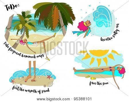 To Do List - Illustrated to-do list for summer vacation, recommending hammock naps, playing in the sand, rest and relaxation. Hand drawn, cartoon style illustration