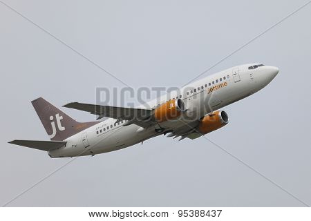 BUDAPEST, HUNGARY - MAY 7: Airliner of Jettinme at Budapest Liszt Ferenc Airport, May 7th 2013. Jettime is Danish charter airline.