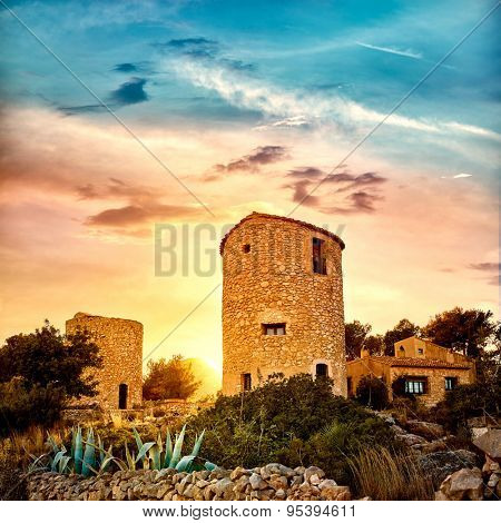 Javea Xabia el molins at sunset in Mediterranean Alicante at Spain